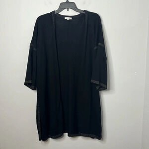 Garnet Hill Black Wool Metallic Hem Open Cardigan